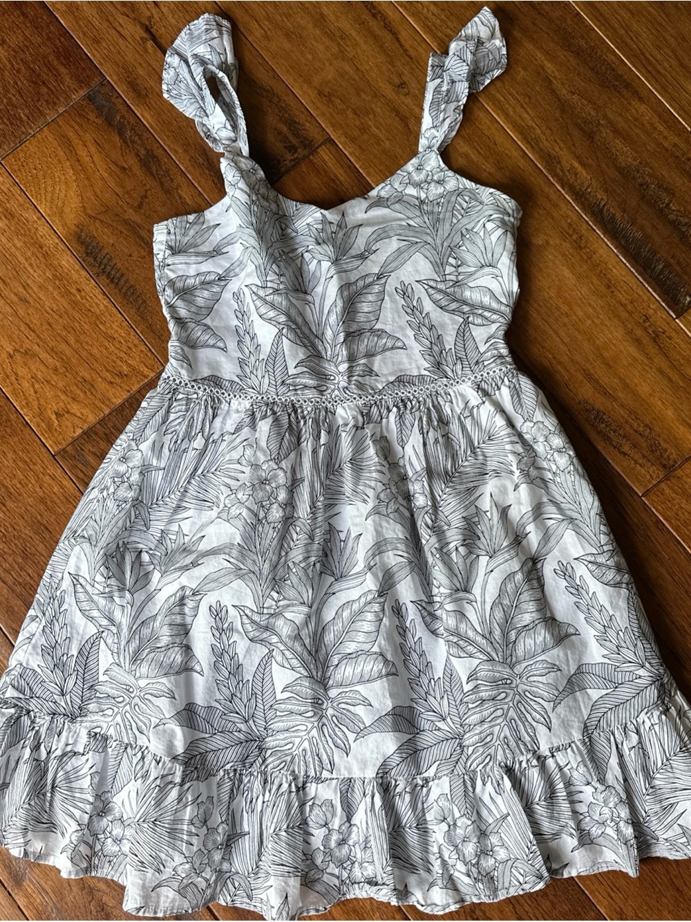 Janie and Jack White Dress with Gray Botanical Print and Ruffle Hem